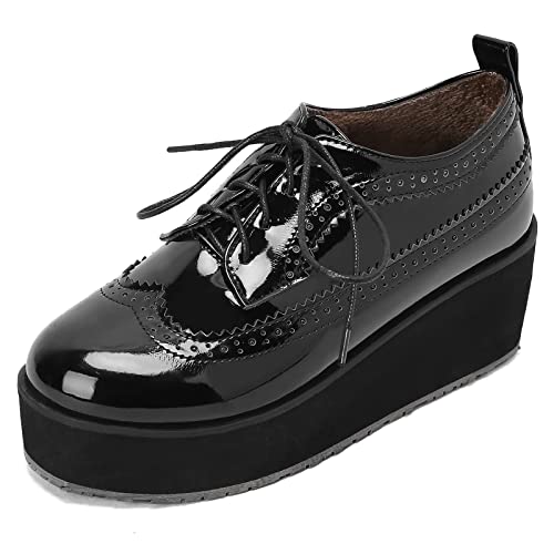 Lizoleor Damen Schnüren Mode Lack Brogue Plateau Keilabsatz Schuhe Closed Toe Leisure Oxford Klassischer Buro Schuhe Schwarz Gr 45 EU/47Cn von Lizoleor
