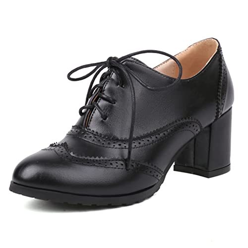 Lizoleor Damen Schnüren Oxford Klassischer Blockabsatz Brogue Arbeit Schuhe Runde Zehen Buro Derby Formal Pumps Closed Toe Schwarz Gr 38 EU/39Cn von Lizoleor