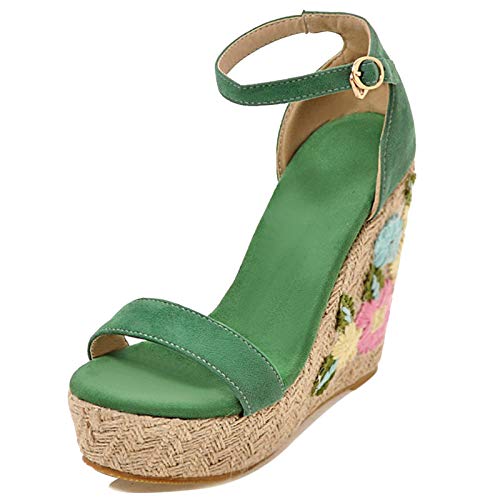 Lizoleor Damen Sommer Leisure Knöchelriemchen Mode Plateau Keilabsatz Espadrilles Sandalen Höhe Ferse Embroiderot Offene Zeh Sandalen Grün Gr 46 EU/48Cn von Lizoleor