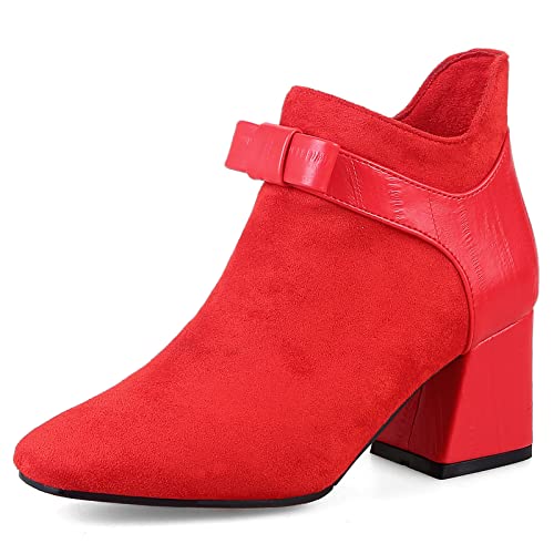 Lizoleor Damen Square Toe Blockabsatz Chelsea Stiefeletten Weit Fit Winter Damen Elegant Warm Kleid Stiefeletten Mit Bows Schnalle Rot Gr 43 EU/45Cn Lizoleor Damen Square Toe Blockabsatz Chelsea Stiefeletten Weit Fit Winter Damen Elegant Warm Kleid Stiefeletten Mit Bows Schnalle Rot Gr 43 EU/45Cn von Lizoleor