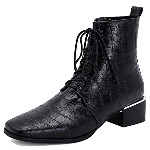 Lizoleor Damen Square Toe Klassischer Schnüren Stiefeletten Leisure Warm Block Mitte Absatz Mode Motorradstiefel Winter Schuhe Schwarz Gr 38 EU/39Cn von Lizoleor