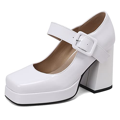 Lizoleor Damen Square Toe Lack Chunky Heel Pumps Knöchelriemchen Bridal Kleid Schuhe Mode Plateau Party Höhe Ferse Weiß Gr 37 EU/38Cn von Lizoleor