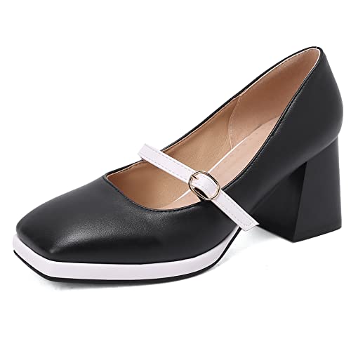 Lizoleor Damen Square Toe Mary Jane Hohen Blockabsatz Pumps Bogen Knöchelriemchen Kleid Plateau Sweet Bows Hochzeit Schuhe Schwarz Gr 42 EU/44Cn von Lizoleor