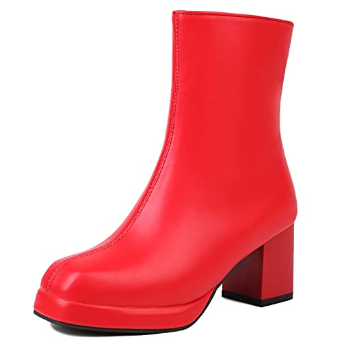 Lizoleor Damen Square Toe Mode Chelsea Blockabsatz Plateau Boots Weit Fit Party Kleid Reißverschluss Ankle Stiefeletten Party Rot Gr 41 EU/43Cn von Lizoleor