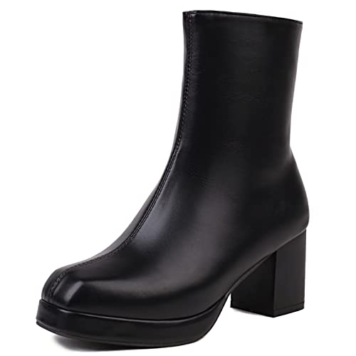 Lizoleor Damen Square Toe Mode Chelsea Blockabsatz Plateau Boots Weit Fit Party Kleid Reißverschluss Ankle Stiefeletten Party Schwarz Gr 46 EU/48Cn von Lizoleor