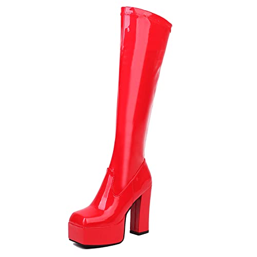 Lizoleor Damen Square Toe Mode Stretch Stiefel Plateau Blockabsatz Party Chunky Elegant Reißverschluss Lack Kniestiefel Rot/37Cm Gr 37 EU/38Cn Lizoleor Damen Square Toe Mode Stretch Stiefel Plateau Blockabsatz Party Chunky Elegant Reißverschluss Lack Kniestiefel Rot/37Cm Gr 37 EU/38Cn von Lizoleor