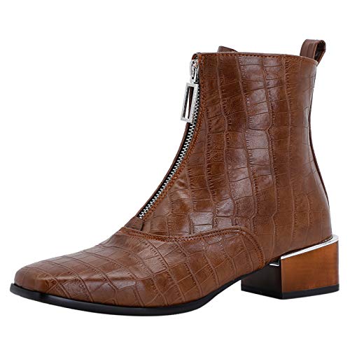 Lizoleor Damen Square Toe Retro Reißverschluss Chelsea Stiefel Blockabsatz Winter Weit Fit Draußen Mode Stiefeletten Arbeit Schuhe Braun Gr 46 EU/48Cn von Lizoleor