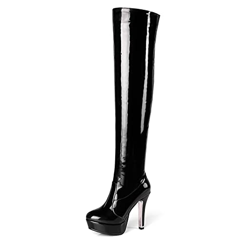 Lizoleor Damen Stiletto Party Mode Plateau Overknees Lack Boots Elegant Winter Prom Reißverschluss Oberschenkelhohe Stiefel Kleid Schwarz Gr 40 EU/41Cn von Lizoleor
