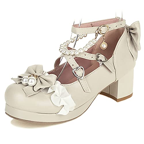 Lizoleor Damen Strappy Mary Jane Runde Zehen Hochzeit Schuhe Lolita Ruffles Block Mitte Absatz Plateau Pumps Party Princess Beige Gr 36.5 EU/37Cn von Lizoleor