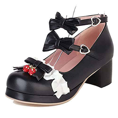 Lizoleor Damen Strappy Mary Jane Runde Zehen Hochzeit Schuhe Lolita Ruffles Block Mitte Absatz Plateau Pumps Party Princess Schwarz Gr 36 EU von Lizoleor