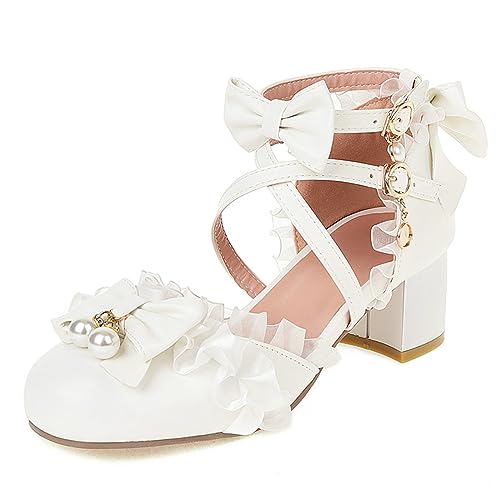 Lizoleor Damen Süß Lolita Closed Toe Blockabsatz Sandalen Party Knöchelriemchen Comfy Ruffles Mary Jane Sommer Hochzeit Schuhe Weiß Gr 44 EU/46Cn von Lizoleor