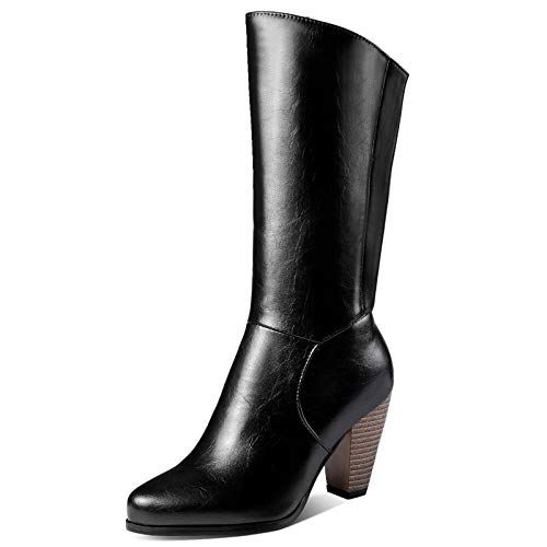 Lizoleor Damen Weit Calf Klassischer Pointed Toe Cowboystiefel Winter Warm Fell Lined Mode Hohen Blockabsatz Tall Stiefeletten Schwarz Gr 50 EU/52Cn von Lizoleor