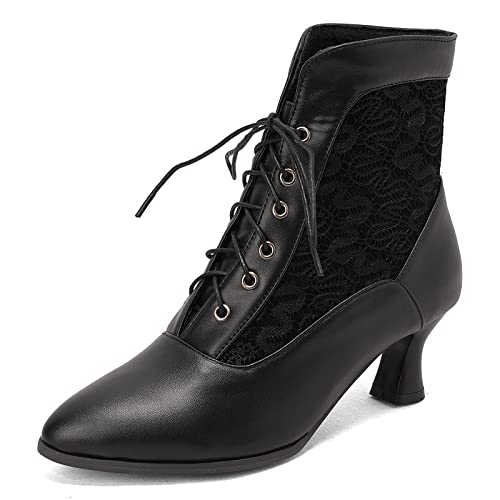 Lizoleor Damen Winter Pointed Toe Schnüren Elegant Stiefeletten Hochzeit Kleid Kitten Heel Vintage Chukka Biker Stiefeletten Schwarz Gr 44 EU/46Cn von Lizoleor