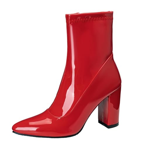Lizoleor Elegant Blockabsatz Pointed Toe Damen Ankle Partystiefel Side Reißverschluss Höhe Ferse Solid Color Lack Glitzer Low Anzugstiefel Rot Gr 40 EU/41Cn von Lizoleor