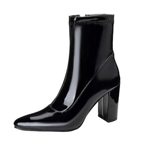 Lizoleor Elegant Blockabsatz Pointed Toe Damen Ankle Partystiefel Side Reißverschluss Höhe Ferse Solid Color Lack Glitzer Low Anzugstiefel Schwarz Gr 34 EU von Lizoleor