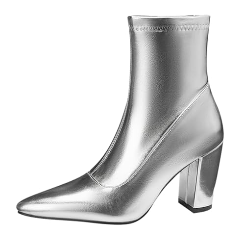 Lizoleor Elegant Blockabsatz Pointed Toe Damen Ankle Partystiefel Side Reißverschluss Höhe Ferse Solid Color Lack Glitzer Low Anzugstiefel Silber Gr 41 EU/43Cn von Lizoleor
