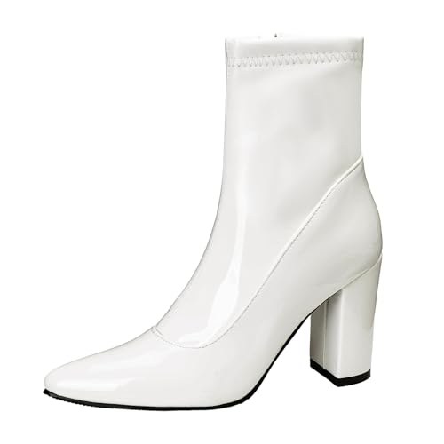 Lizoleor Elegant Blockabsatz Pointed Toe Damen Ankle Partystiefel Side Reißverschluss Höhe Ferse Solid Color Lack Glitzer Low Anzugstiefel Weiß Gr 41 EU/43Cn von Lizoleor
