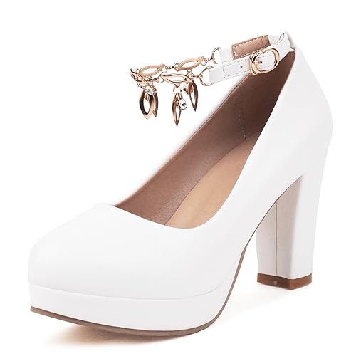 Lizoleor Elegant Blockabsatz Pumps Damen Hochzeit Knöchelriemchen Kleid Runde Zehen Bride Formal Schuhe Plateau Closed Toe Weiß Gr 36 EU von Lizoleor