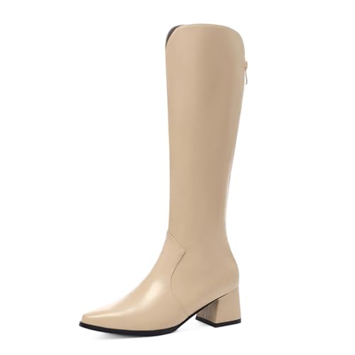 Lizoleor Elegant Bridal Blockabsatz Pointed Toe Damen Knee Stiefel Back Reißverschluss Mitte Absatz Solid Color Warm Winter Long Anzugstiefel Aprikose Gr 48 EU/50Cn von Lizoleor