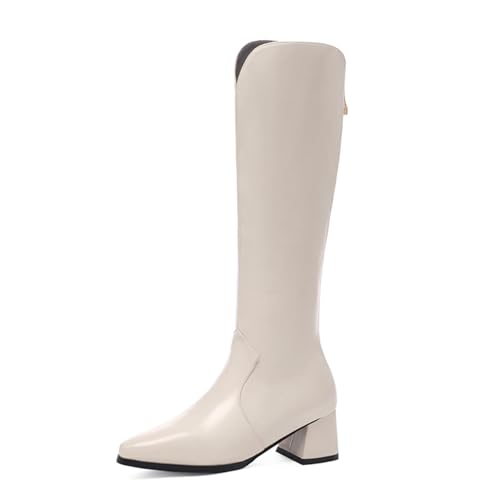 Lizoleor Elegant Bridal Blockabsatz Pointed Toe Damen Knee Stiefel Back Reißverschluss Mitte Absatz Solid Color Warm Winter Long Anzugstiefel Weiß Gr 45 EU/47Cn von Lizoleor