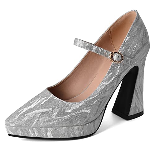 Lizoleor Elegant Bride Pointed Toe Hohen Blockabsatz Kleid Schuhe Knöchelriemchen Mode Mary Jane Plateau Pumps Party Silber Gr 37 EU/38Cn von Lizoleor