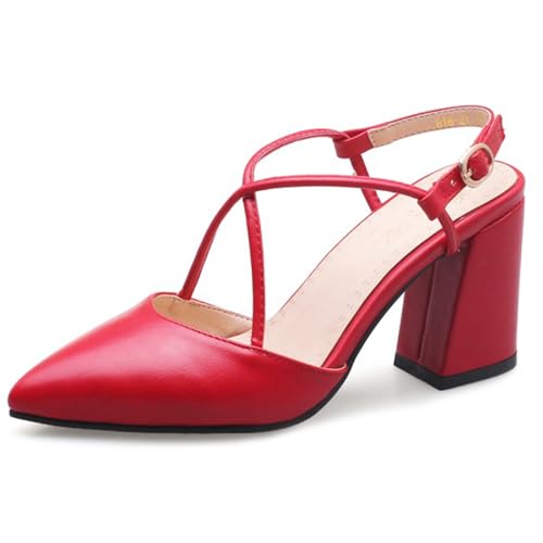 Lizoleor Elegant Höhe Ferse Slingback Pointed Toe Damensandalen Geschlossen Cross Strap Schnalle Sommer Solid Color Arbeit Rot Gr 40.5 EU/42Cn von Lizoleor