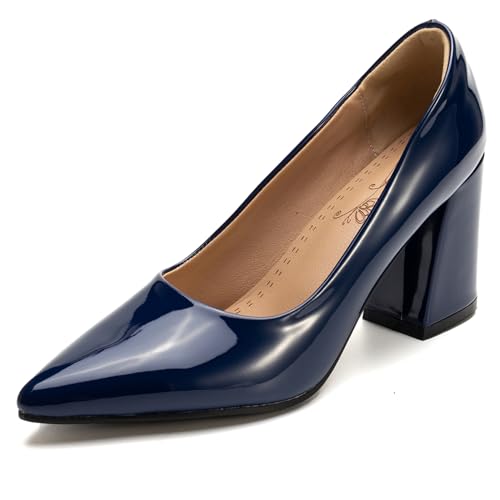 Lizoleor Elegant Lack Ohne Verschluss Blockabsatz Damen Pump Pointed Toe High Chunky Heel Solid Color Sommer Hochzeit Pumps Dark-Blau Gr 51 EU/53Cn von Lizoleor