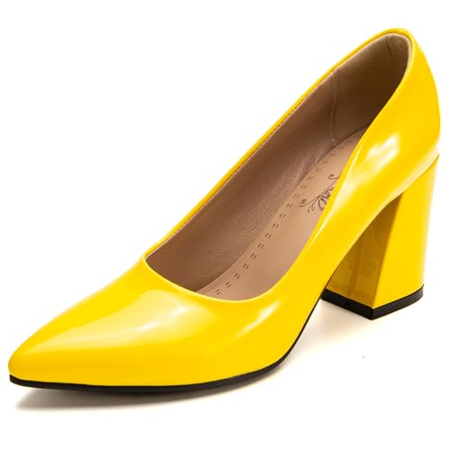 Lizoleor Elegant Lack Ohne Verschluss Blockabsatz Damen Pump Pointed Toe High Chunky Heel Solid Color Sommer Hochzeit Pumps Gelb Gr 50 EU/52Cn von Lizoleor