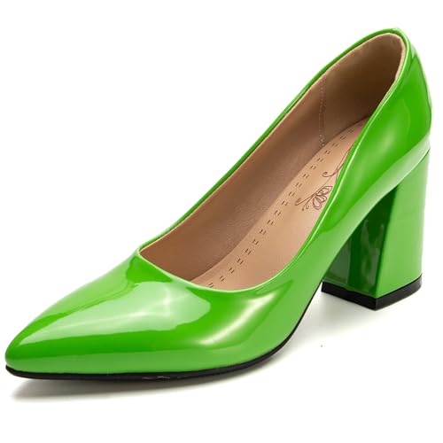 Lizoleor Elegant Lack Ohne Verschluss Blockabsatz Damen Pump Pointed Toe High Chunky Heel Solid Color Sommer Hochzeit Pumps Grün Gr 48 EU/50Cn von Lizoleor