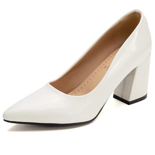 Lizoleor Elegant Lack Ohne Verschluss Blockabsatz Damen Pump Pointed Toe High Chunky Heel Solid Color Sommer Hochzeit Pumps Weiß Gr 49 EU/51Cn von Lizoleor