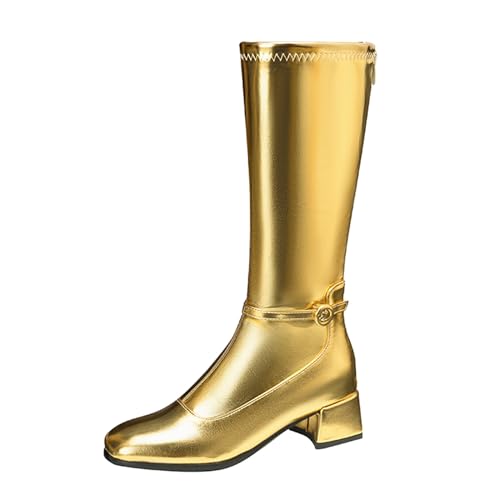 Lizoleor Elegant Square Toe Back Reißverschluss Damen Knee Hohe Stiefel Weit Fit Mitte Blockabsatz Lack Sweet Long Anzugstiefel Gold Gr 40.5 EU/42Cn von Lizoleor