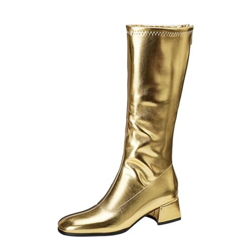 Lizoleor Elegant Square Toe Back Reißverschluss Damen Knee Hohe Stiefel Weit Fit Mitte Blockabsatz Lack Sweet Long Anzugstiefel Gold Gr 40.5 EU/42Cn von Lizoleor