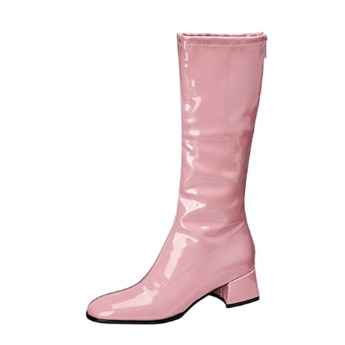 Lizoleor Elegant Square Toe Back Reißverschluss Damen Knee Hohe Stiefel Weit Fit Mitte Blockabsatz Lack Sweet Long Anzugstiefel Pink Gr 40 EU/41Cn von Lizoleor