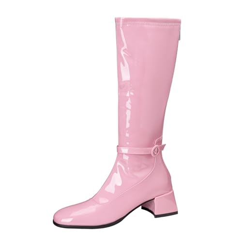 Lizoleor Elegant Square Toe Back Reißverschluss Damen Knee Hohe Stiefel Weit Fit Mitte Blockabsatz Lack Sweet Long Anzugstiefel Pink Gr 42 EU/44Cn von Lizoleor