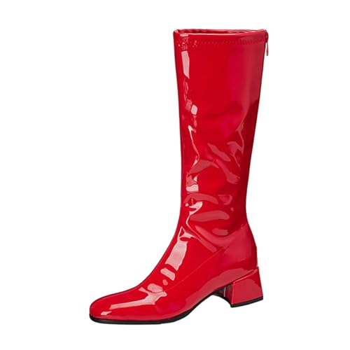 Lizoleor Elegant Square Toe Back Reißverschluss Damen Knee Hohe Stiefel Weit Fit Mitte Blockabsatz Lack Sweet Long Anzugstiefel Rot Gr 32 EU von Lizoleor