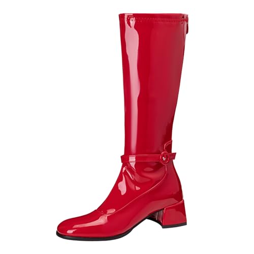 Lizoleor Elegant Square Toe Back Reißverschluss Damen Knee Hohe Stiefel Weit Fit Mitte Blockabsatz Lack Sweet Long Anzugstiefel Rot Gr 41 EU/43Cn von Lizoleor