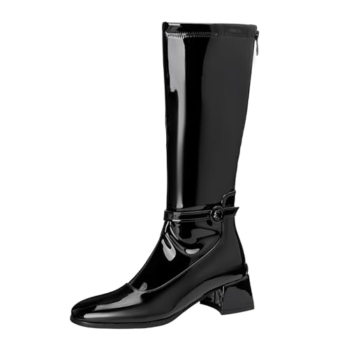 Lizoleor Elegant Square Toe Back Reißverschluss Damen Knee Hohe Stiefel Weit Fit Mitte Blockabsatz Lack Sweet Long Anzugstiefel Schwarz Gr 37 EU/38Cn von Lizoleor