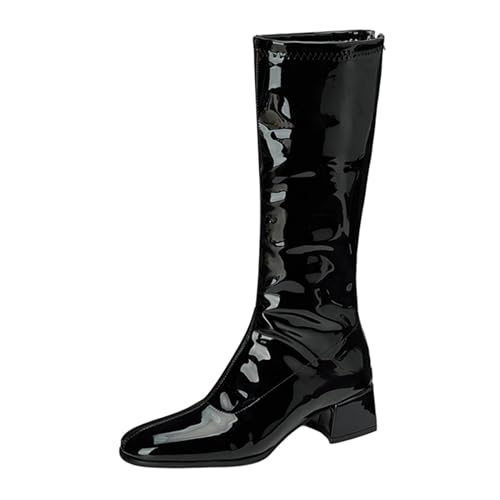Lizoleor Elegant Square Toe Back Reißverschluss Damen Knee Hohe Stiefel Weit Fit Mitte Blockabsatz Lack Sweet Long Anzugstiefel Schwarz Gr 40.5 EU/42Cn von Lizoleor
