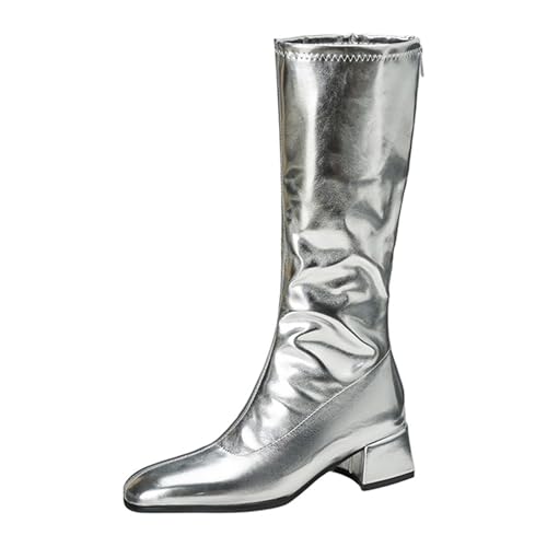Lizoleor Elegant Square Toe Back Reißverschluss Damen Knee Hohe Stiefel Weit Fit Mitte Blockabsatz Lack Sweet Long Anzugstiefel Silber Gr 32 EU von Lizoleor