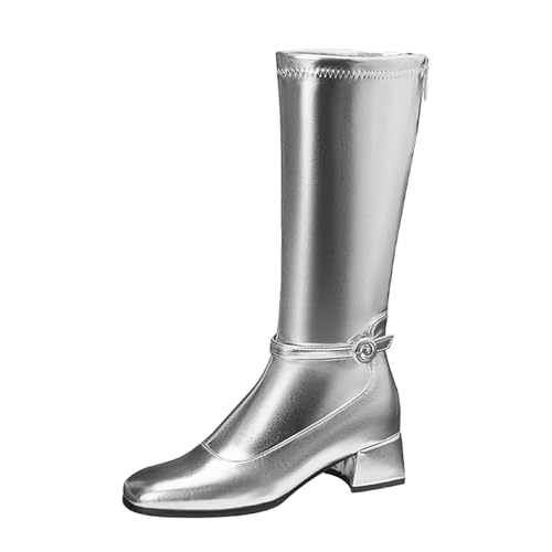 Lizoleor Elegant Square Toe Back Reißverschluss Damen Knee Hohe Stiefel Weit Fit Mitte Blockabsatz Lack Sweet Long Anzugstiefel Silber Gr 41 EU/43Cn von Lizoleor