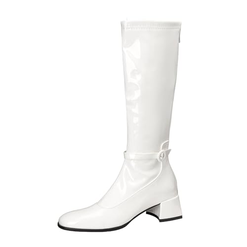 Lizoleor Elegant Square Toe Back Reißverschluss Damen Knee Hohe Stiefel Weit Fit Mitte Blockabsatz Lack Sweet Long Anzugstiefel Weiß Gr 36.5 EU/37Cn von Lizoleor