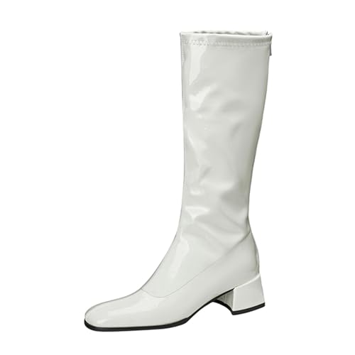 Lizoleor Elegant Square Toe Back Reißverschluss Damen Knee Hohe Stiefel Weit Fit Mitte Blockabsatz Lack Sweet Long Anzugstiefel Weiß Gr 38 EU/39Cn von Lizoleor