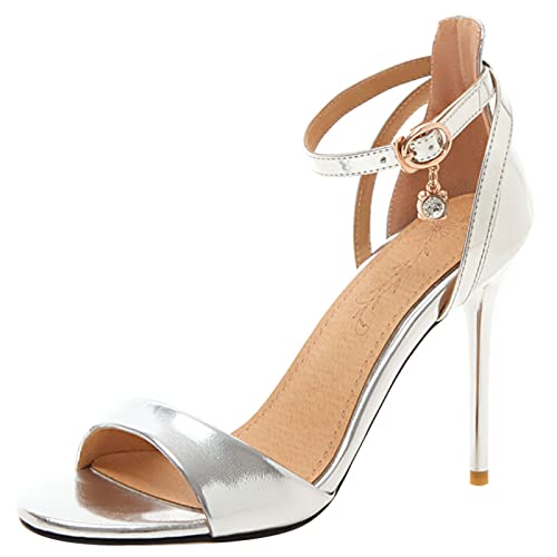 Lizoleor Elegant Stiletto Damen Offene Zeh Bridal Sandalen Mode Knöchelriemchen Transparent Jelly Schuhe Wildleder Lack Silber Gr 32 Eu von Lizoleor