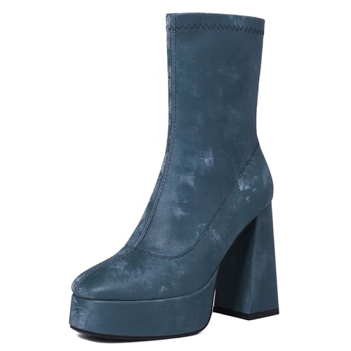 Lizoleor Elegant Super Höhe Ferse Runde Zehen Damen Stiefeletten Ohne Verschluss Blockabsatz Plateau Stretch Solid Color Anzugstiefel Blau Gr 40.5 EU/42Cn von Lizoleor