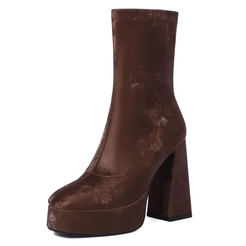 Lizoleor Elegant Super Höhe Ferse Runde Zehen Damen Stiefeletten Ohne Verschluss Blockabsatz Plateau Stretch Solid Color Anzugstiefel Braun Gr 36.5 EU/37Cn von Lizoleor