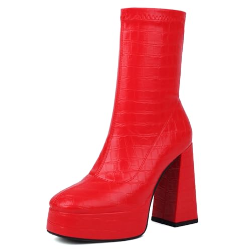 Lizoleor Elegant Super Höhe Ferse Runde Zehen Damen Stiefeletten Ohne Verschluss Blockabsatz Plateau Stretch Solid Color Anzugstiefel Rot Gr 41 EU/43Cn von Lizoleor