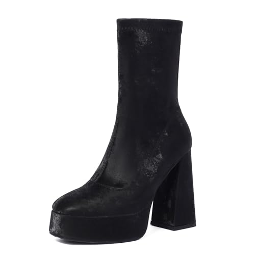 Lizoleor Elegant Super Höhe Ferse Runde Zehen Damen Stiefeletten Ohne Verschluss Blockabsatz Plateau Stretch Solid Color Anzugstiefel Schwarz Gr 43 EU/45Cn von Lizoleor