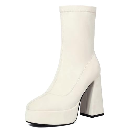 Lizoleor Elegant Super Höhe Ferse Runde Zehen Damen Stiefeletten Ohne Verschluss Blockabsatz Plateau Stretch Solid Color Anzugstiefel Weiß Gr 34 EU von Lizoleor
