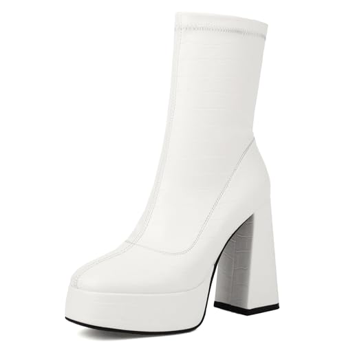Lizoleor Elegant Super Höhe Ferse Runde Zehen Damen Stiefeletten Ohne Verschluss Blockabsatz Plateau Stretch Solid Color Anzugstiefel Weiß Gr 40 EU/41Cn von Lizoleor