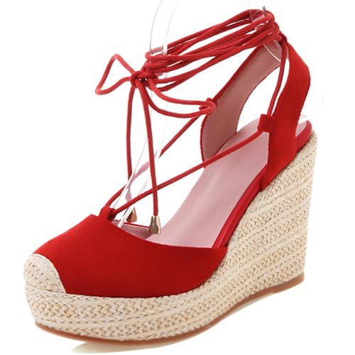 Lizoleor Geschlossen Schnüren Espadrille Keilabsatz Damensandalen Plateau Slingback Runde Zehen Super Höhe Ferse Sommer Wildleder Rot Gr 35 EU von Lizoleor